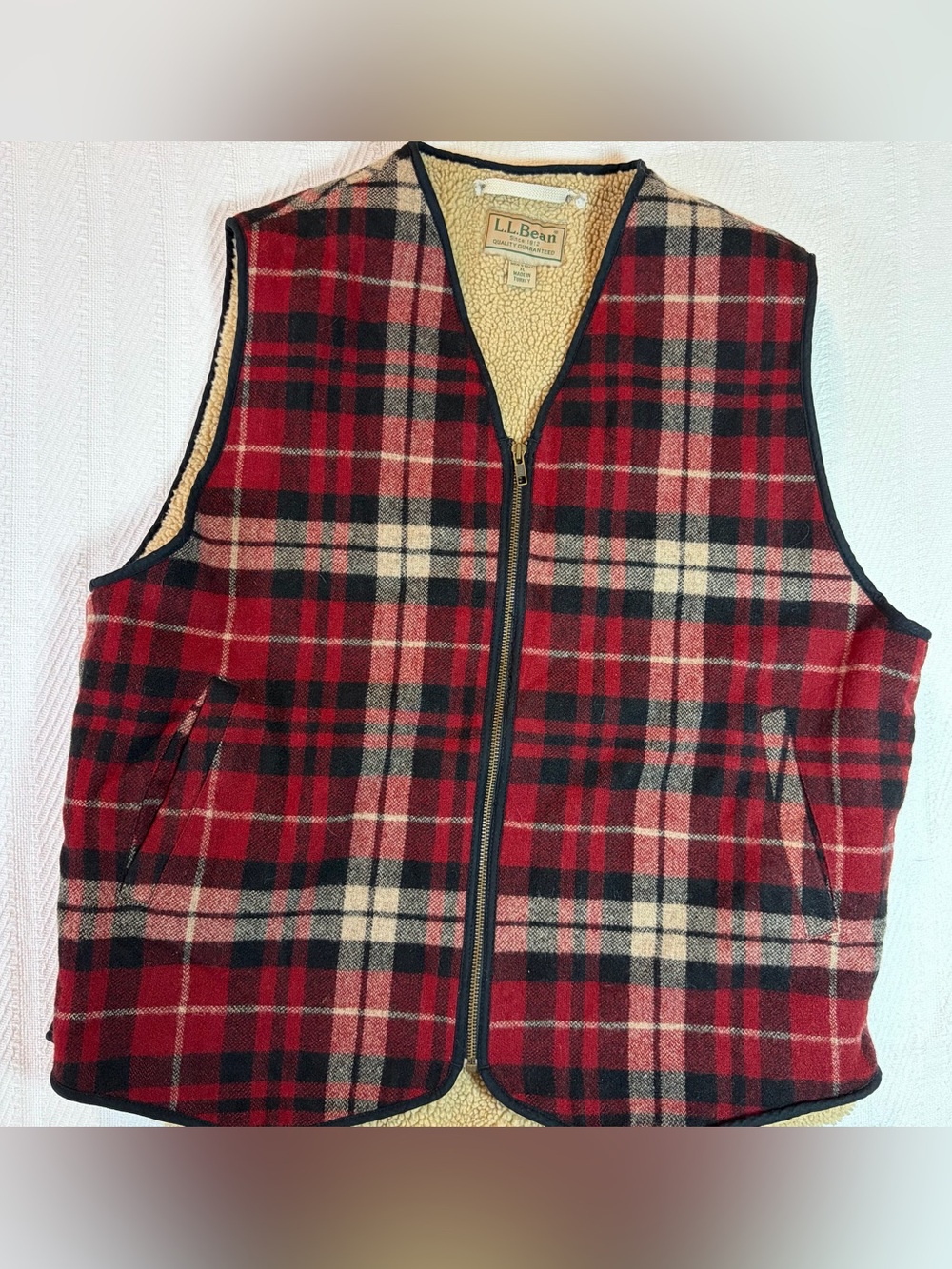 Vintage LL Bean Men's Vest XL Tall Red Plaid Wool Blend Sherpa Fleece Lined Zip